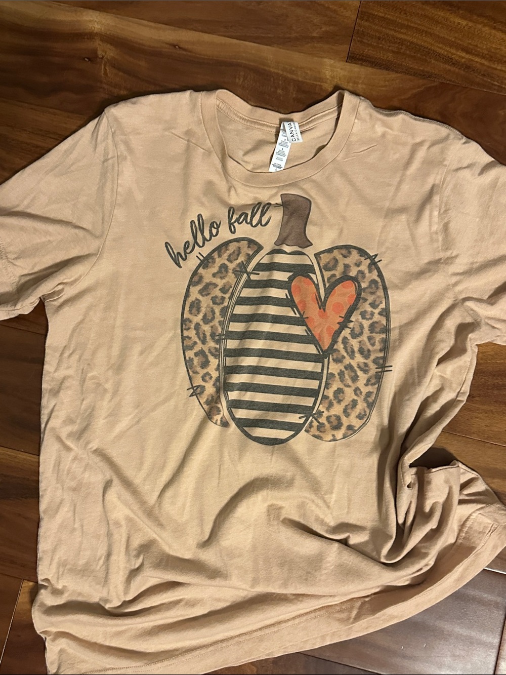 Bella Canvas Beige Leopard Stripe Pumpkin Tee with Orange Heart